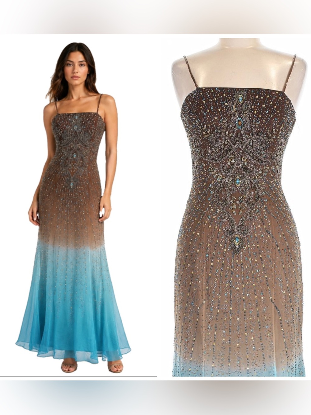 Vintage Silk Prom Dress Beaded Maxi Evening Gown Formal Sequin 90sY2K Turquoise